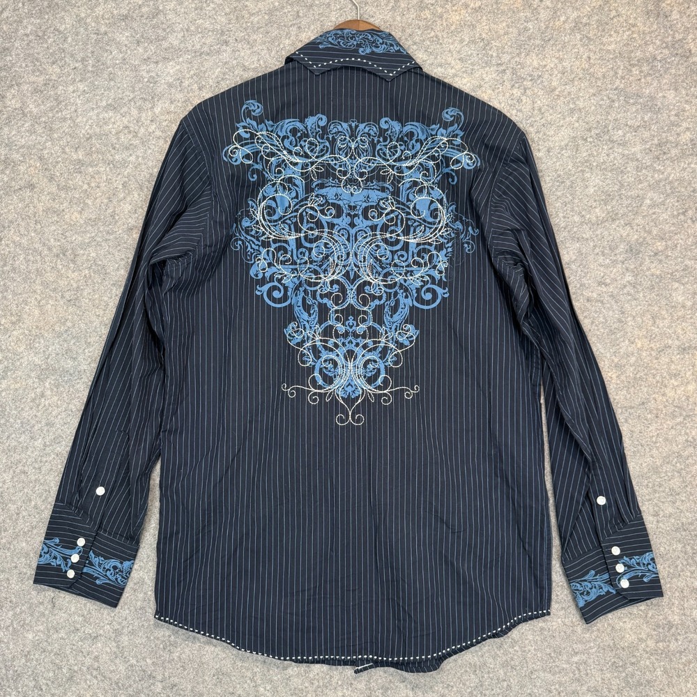 Brooks & Dunn Panhandle Slim Striped Western Pearl Snap Shirt Mens Medium Navy